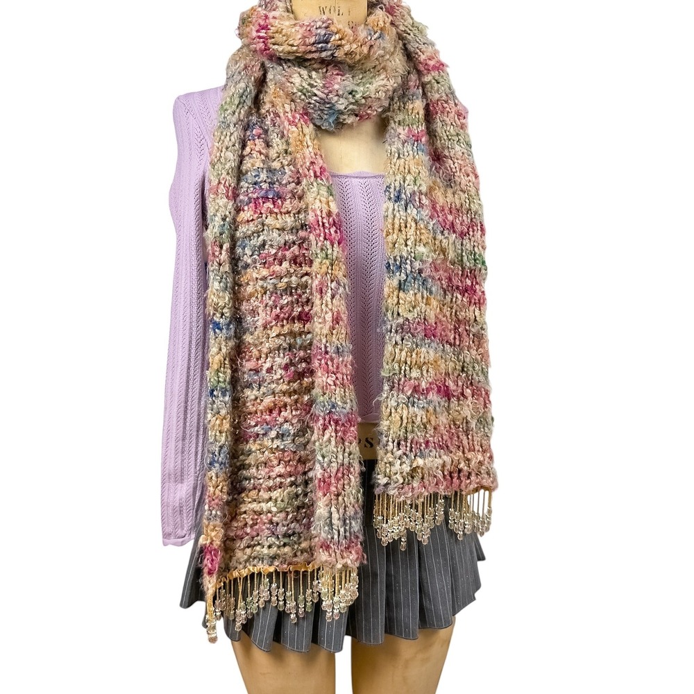 Wool Knit Beaded Fringe Scarf Chunky Pastel Multi Color Boho OS
